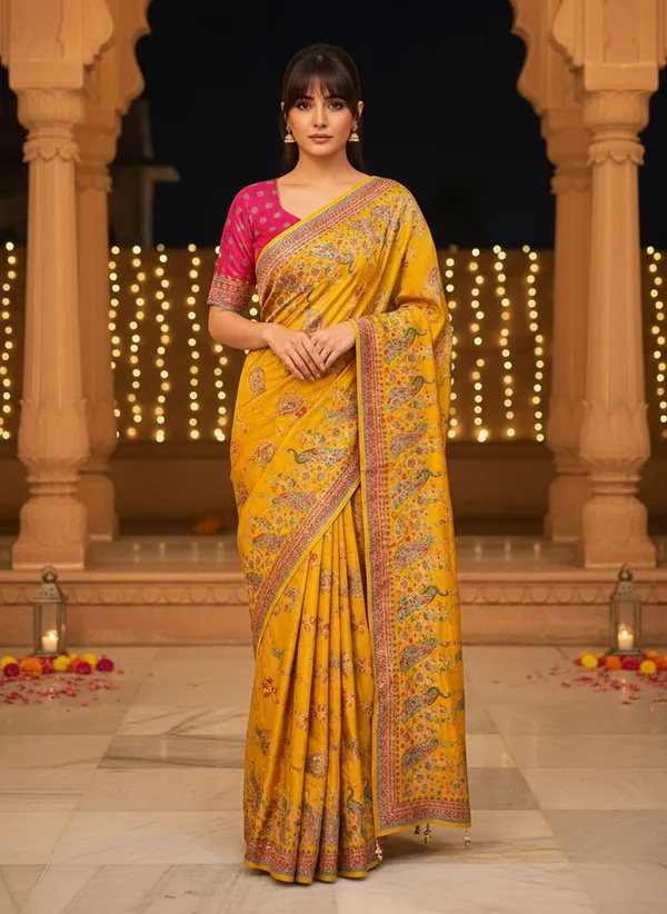Yellow_Banarasi_Pure_Silk_Jacquard_Printed_Saree_For_Women_|_With_Blouse_Piece