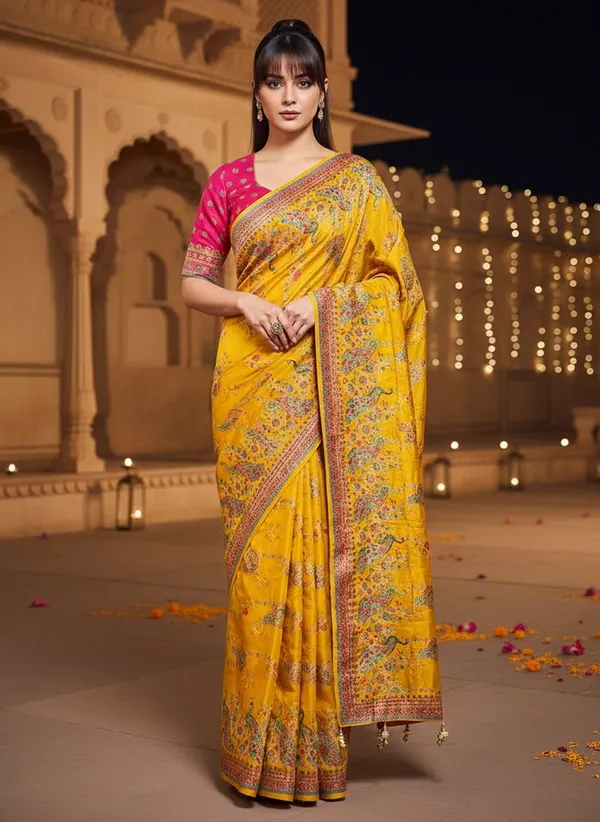 Yellow_Banarasi_Pure_Silk_Jacquard_Printed_Saree_For_Women_|_With_Blouse_Piece