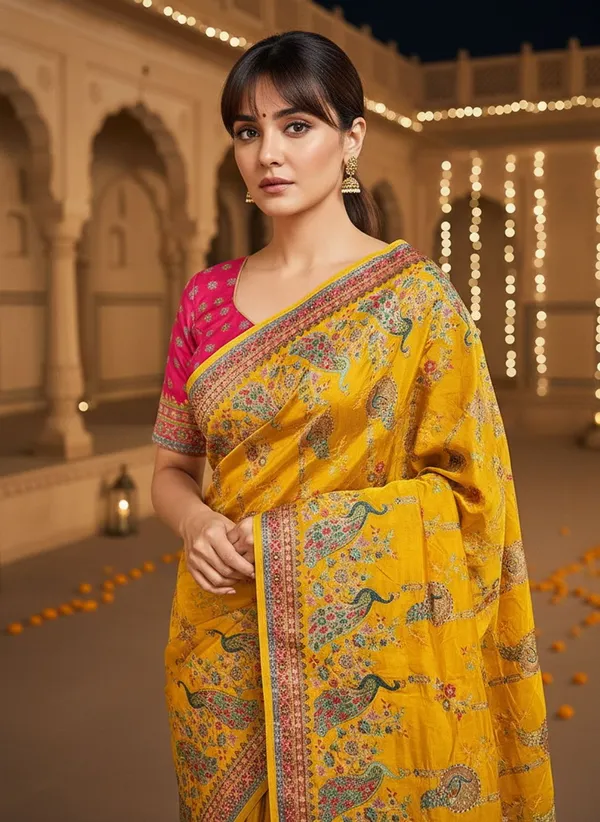 Yellow_Banarasi_Pure_Silk_Jacquard_Printed_Saree_For_Women_|_With_Blouse_Piece