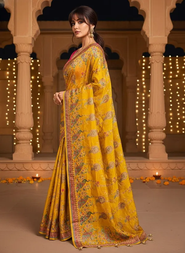 Yellow_Banarasi_Pure_Silk_Jacquard_Printed_Saree_For_Women_|_With_Blouse_Piece