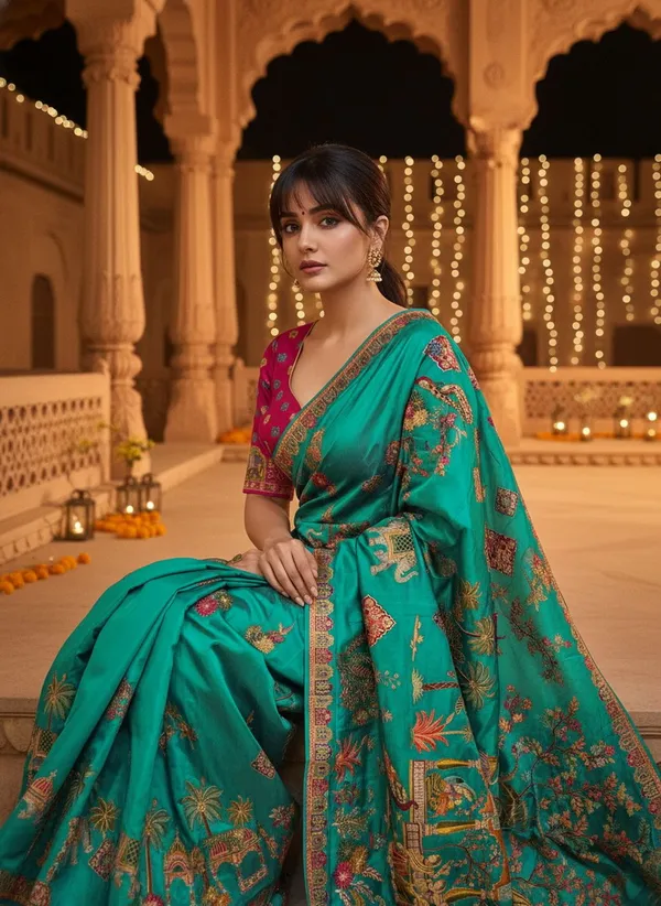 Light_Green_Banarasi_Pure_Silk_Jacquard_Printed_Saree_For_Women_|_With_Blouse_Piece