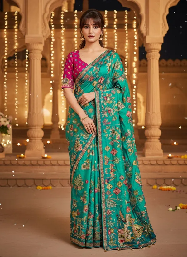 Light_Green_Banarasi_Pure_Silk_Jacquard_Printed_Saree_For_Women_|_With_Blouse_Piece