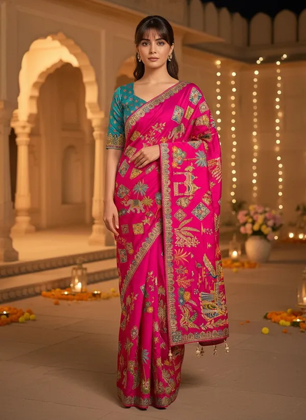 Fuchsia_Banarasi_Pure_Silk_Jacquard_Printed_Saree_For_Women_|_With_Blouse_Piece
