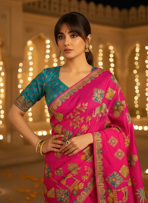Fuchsia_Banarasi_Pure_Silk_Jacquard_Printed_Saree_For_Women_|_With_Blouse_Piece