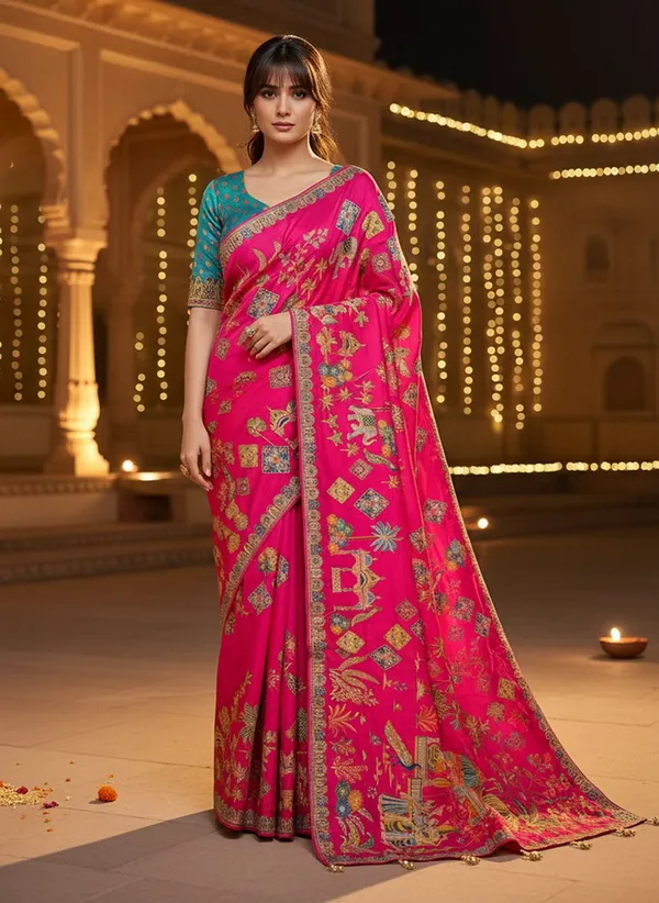 Fuchsia_Banarasi_Pure_Silk_Jacquard_Printed_Saree_For_Women_|_With_Blouse_Piece