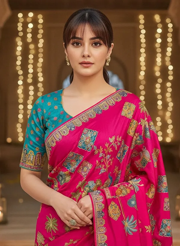 Fuchsia_Banarasi_Pure_Silk_Jacquard_Printed_Saree_For_Women_|_With_Blouse_Piece