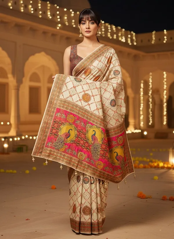 Off_White_Banarasi_Pure_Silk_Jacquard_Printed_Saree_For_Women_|_With_Blouse_Piece
