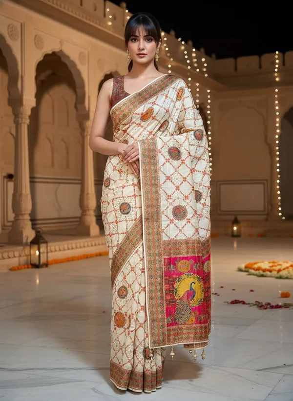 Off_White_Banarasi_Pure_Silk_Jacquard_Printed_Saree_For_Women_|_With_Blouse_Piece