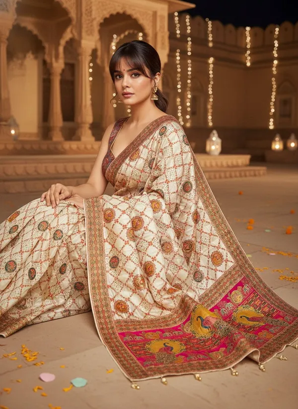 Off_White_Banarasi_Pure_Silk_Jacquard_Printed_Saree_For_Women_|_With_Blouse_Piece
