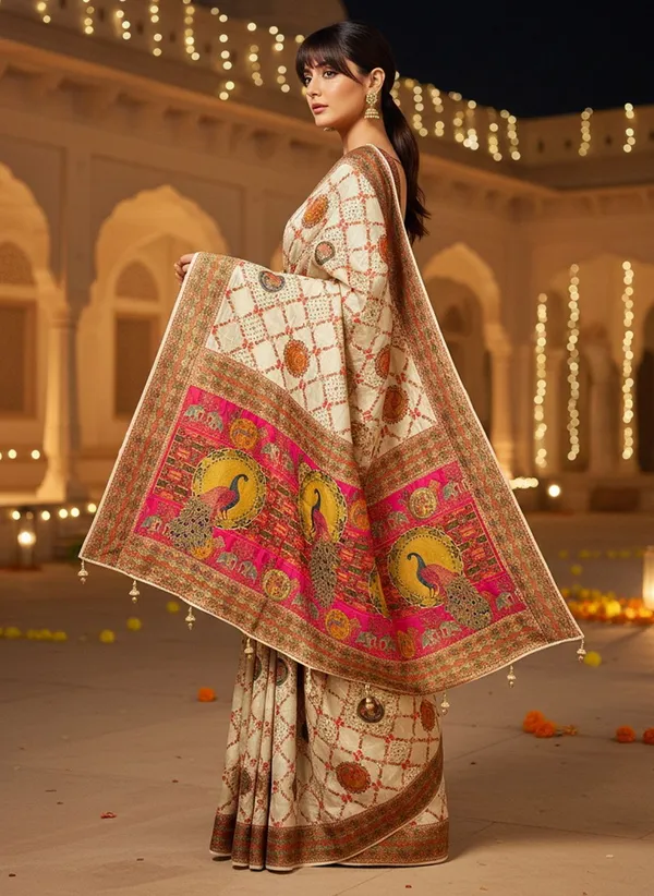 Off_White_Banarasi_Pure_Silk_Jacquard_Printed_Saree_For_Women_|_With_Blouse_Piece
