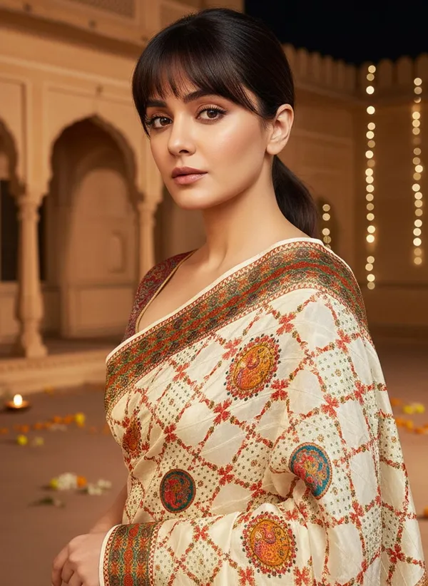 Off_White_Banarasi_Pure_Silk_Jacquard_Printed_Saree_For_Women_|_With_Blouse_Piece