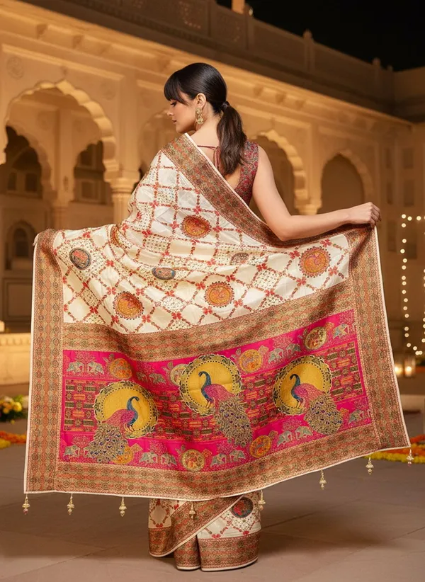 Off_White_Banarasi_Pure_Silk_Jacquard_Printed_Saree_For_Women_|_With_Blouse_Piece