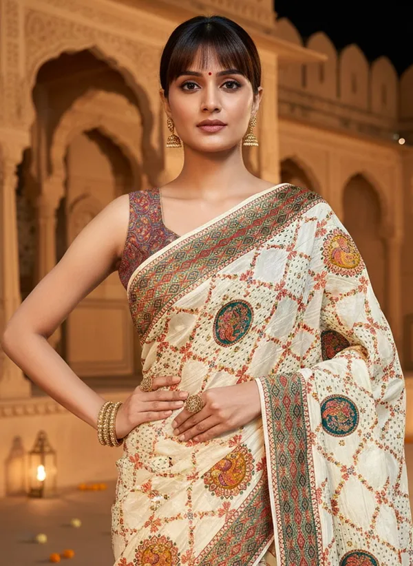 Off_White_Banarasi_Pure_Silk_Jacquard_Printed_Saree_For_Women_|_With_Blouse_Piece