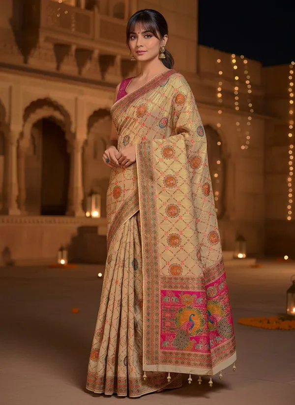 Off_White_Banarasi_Pure_Silk_Jacquard_Placement_Print_Saree_For_Women_|_With_Blouse_Piece