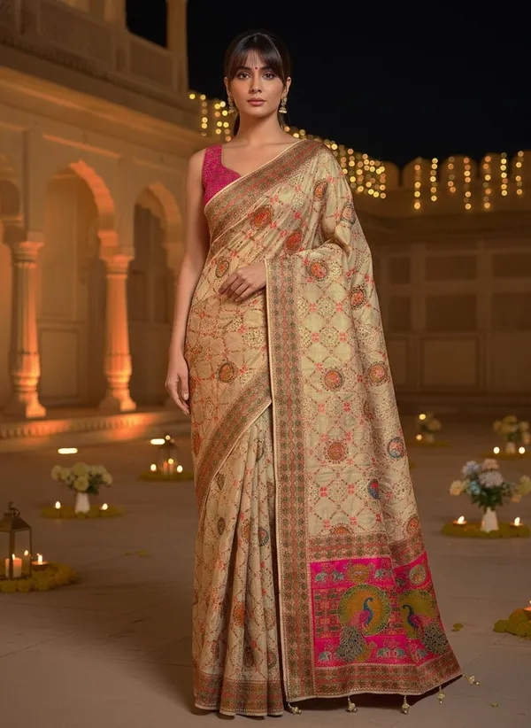 Off_White_Banarasi_Pure_Silk_Jacquard_Placement_Print_Saree_For_Women_|_With_Blouse_Piece