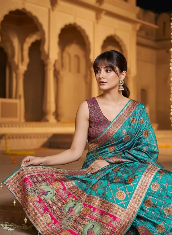 Sariya_Blue_Banarasi_Pure_Silk_Jacquard_Printed_Saree_For_Women_|_With_Blouse_Piece