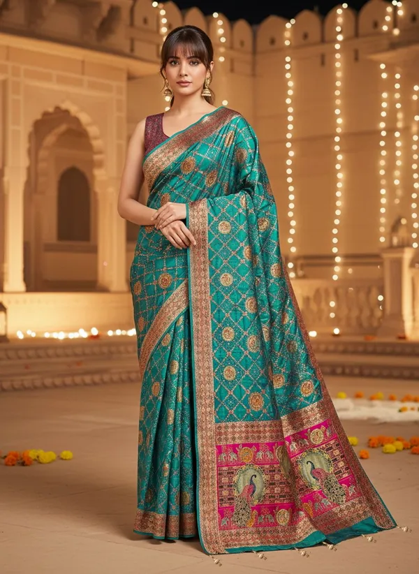 Sariya_Blue_Banarasi_Pure_Silk_Jacquard_Printed_Saree_For_Women_|_With_Blouse_Piece