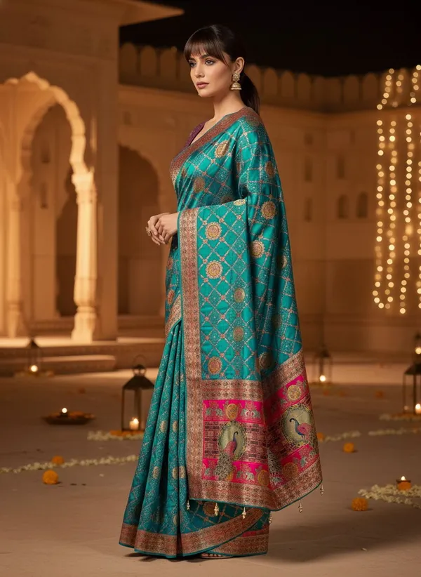 Sariya_Blue_Banarasi_Pure_Silk_Jacquard_Printed_Saree_For_Women_|_With_Blouse_Piece