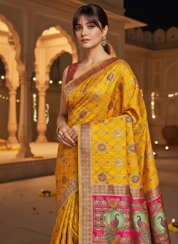 Yellow_Banarasi_Pure_Silk_Jacquard_Printed_Saree_For_Women_|_With_Blouse_Piece