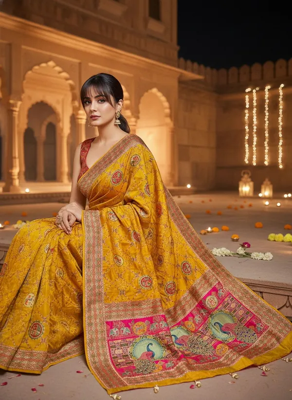Yellow_Banarasi_Pure_Silk_Jacquard_Printed_Saree_For_Women_|_With_Blouse_Piece