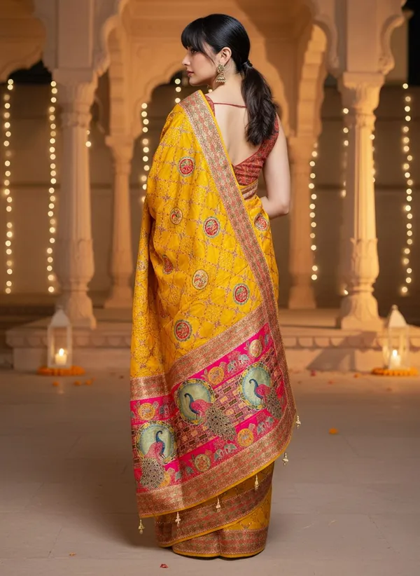 Yellow_Banarasi_Pure_Silk_Jacquard_Printed_Saree_For_Women_|_With_Blouse_Piece