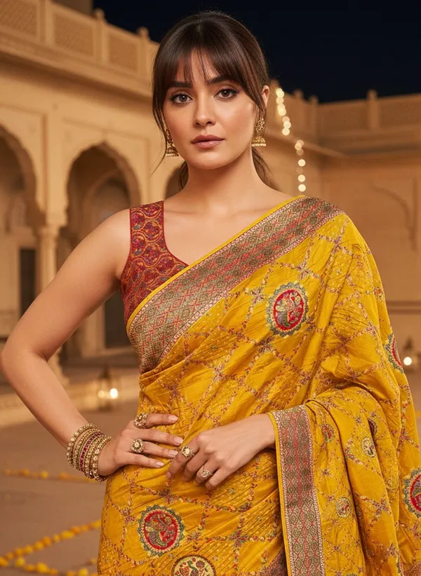 Yellow_Banarasi_Pure_Silk_Jacquard_Printed_Saree_For_Women_|_With_Blouse_Piece