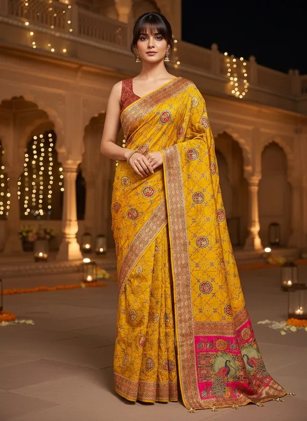 Yellow_Banarasi_Pure_Silk_Jacquard_Printed_Saree_For_Women_|_With_Blouse_Piece