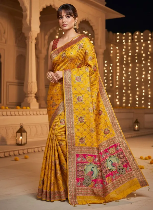 Yellow_Banarasi_Pure_Silk_Jacquard_Printed_Saree_For_Women_|_With_Blouse_Piece