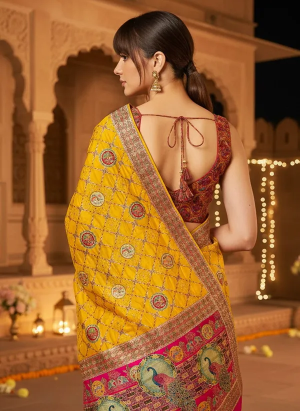 Yellow_Banarasi_Pure_Silk_Jacquard_Printed_Saree_For_Women_|_With_Blouse_Piece