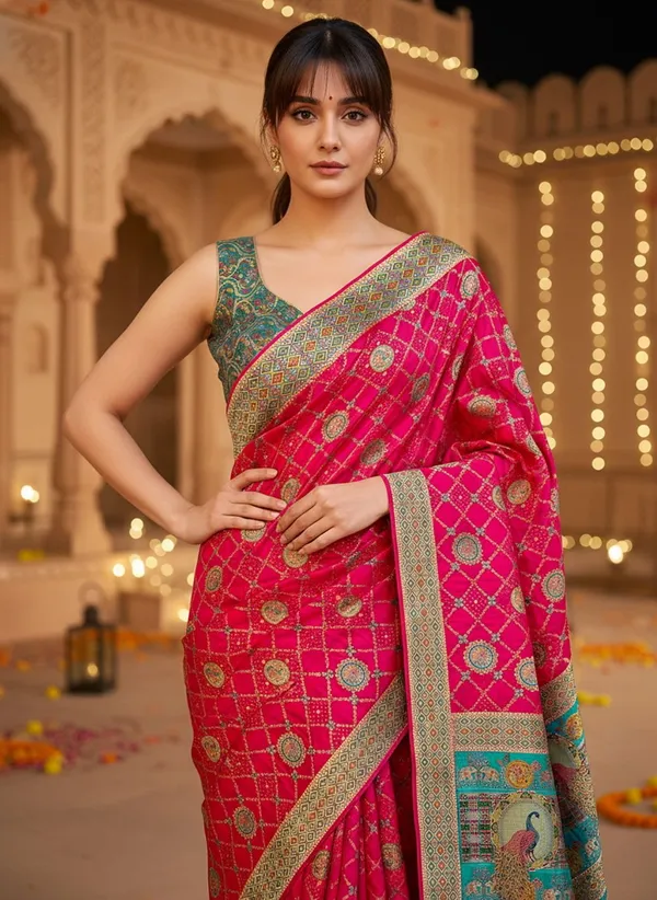 Red_Banarasi_Pure_Silk_Jacquard_Printed_Saree_For_Women_|_With_Blouse_Piece