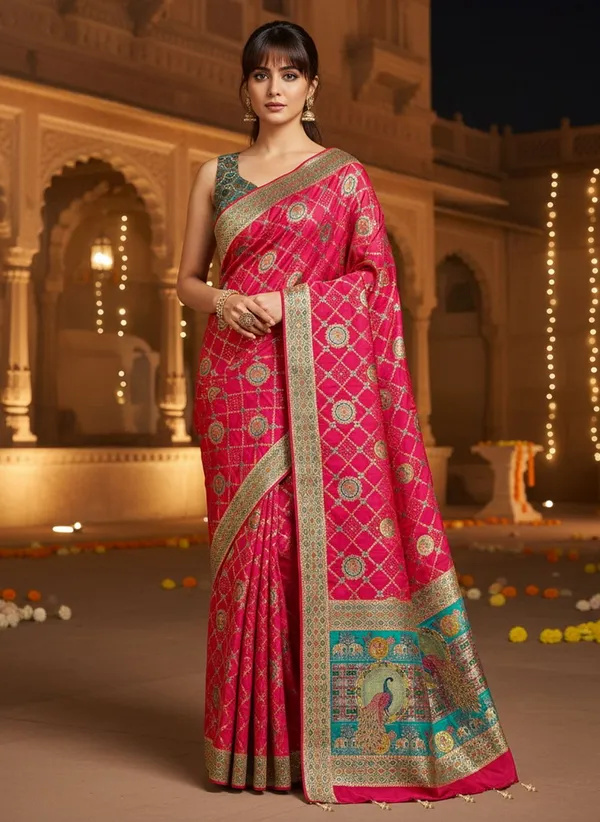 Red_Banarasi_Pure_Silk_Jacquard_Printed_Saree_For_Women_|_With_Blouse_Piece