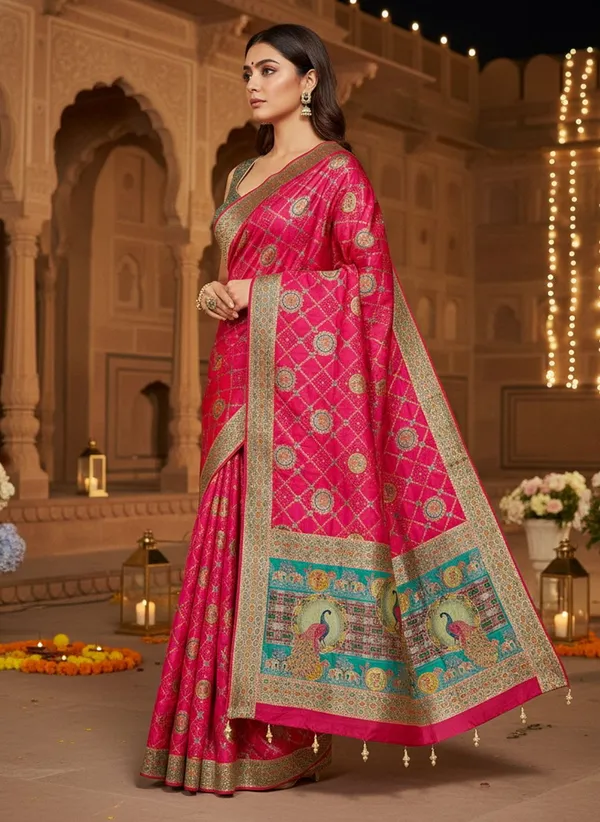 Red_Banarasi_Pure_Silk_Jacquard_Printed_Saree_For_Women_|_With_Blouse_Piece