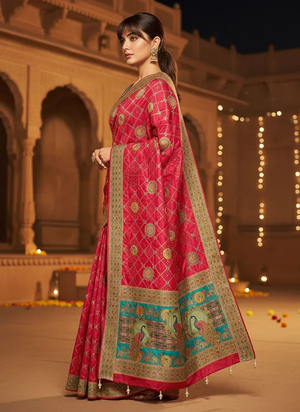Red_Banarasi_Pure_Silk_Jacquard_Printed_Saree_For_Women_|_With_Blouse_Piece