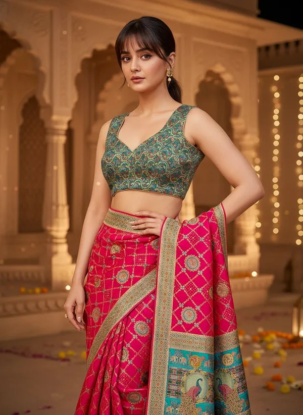 Red_Banarasi_Pure_Silk_Jacquard_Printed_Saree_For_Women_|_With_Blouse_Piece