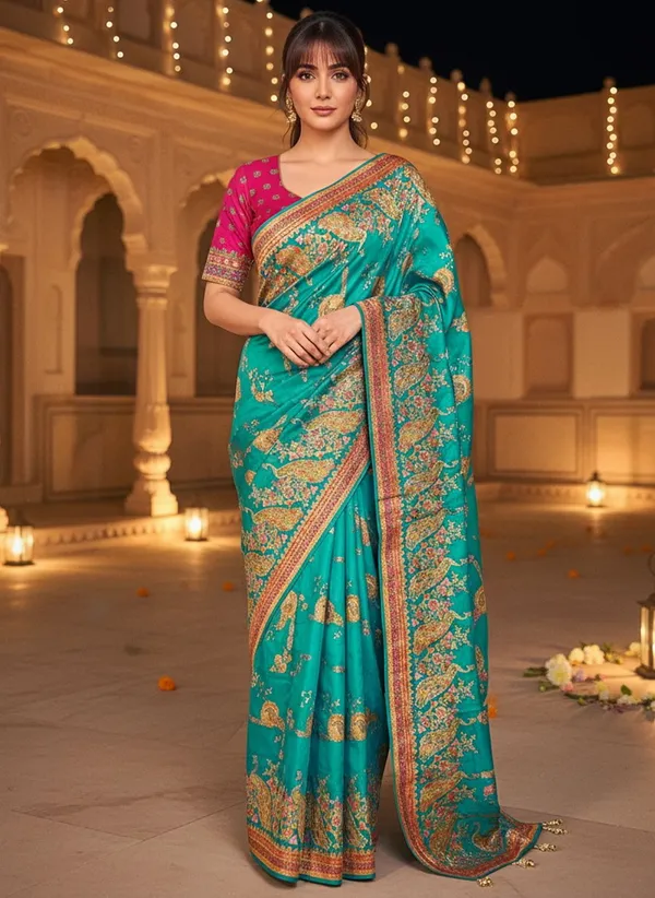 Green_Banarasi_Pure_Silk_Jacquard_Printed_Saree_For_Women_|_With_Blouse_Piece