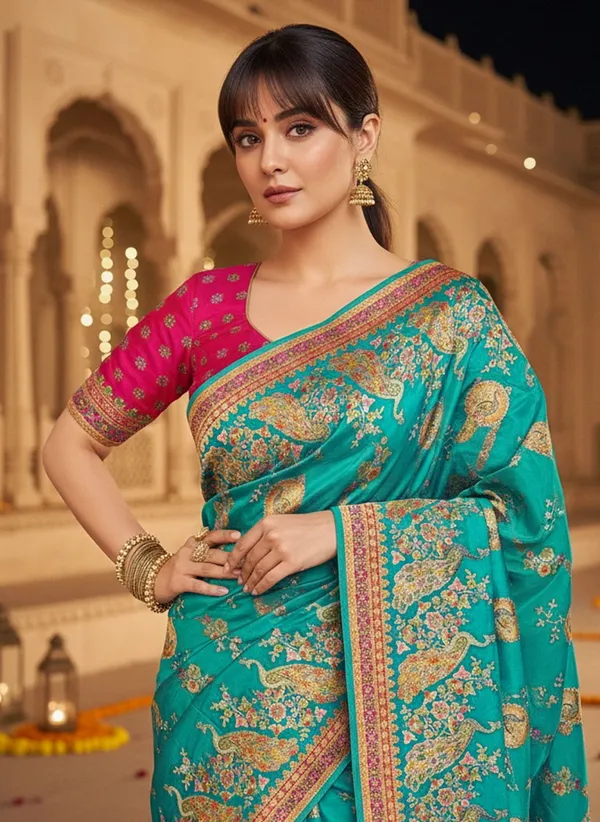 Green_Banarasi_Pure_Silk_Jacquard_Printed_Saree_For_Women_|_With_Blouse_Piece