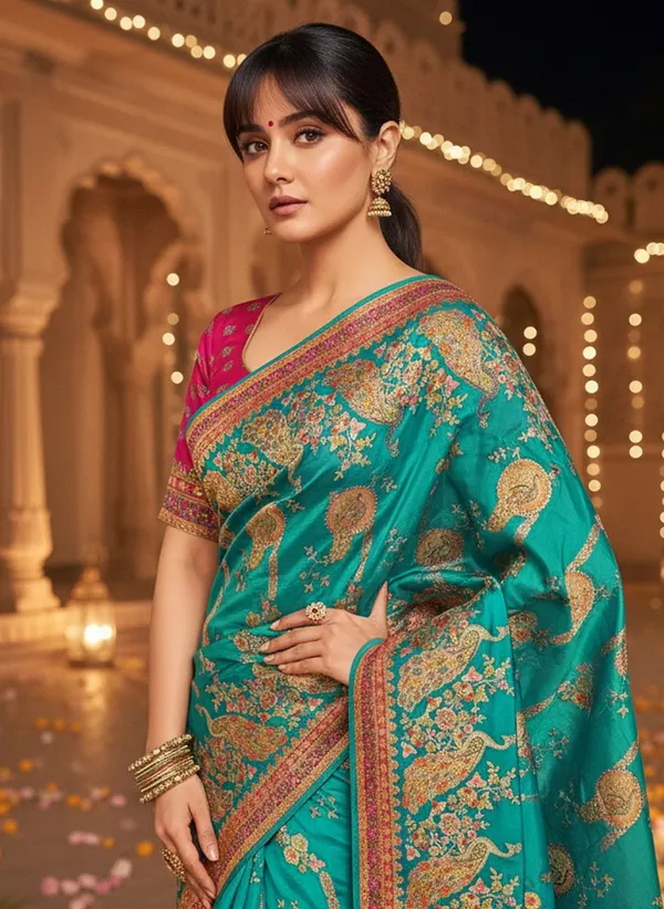 Green_Banarasi_Pure_Silk_Jacquard_Printed_Saree_For_Women_|_With_Blouse_Piece
