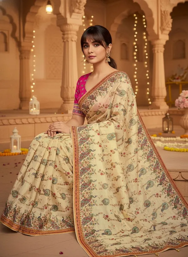 Off_White_Banarasi_Pure_Silk_Jacquard_Printed_Saree_For_Women_|_With_Blouse_Piece