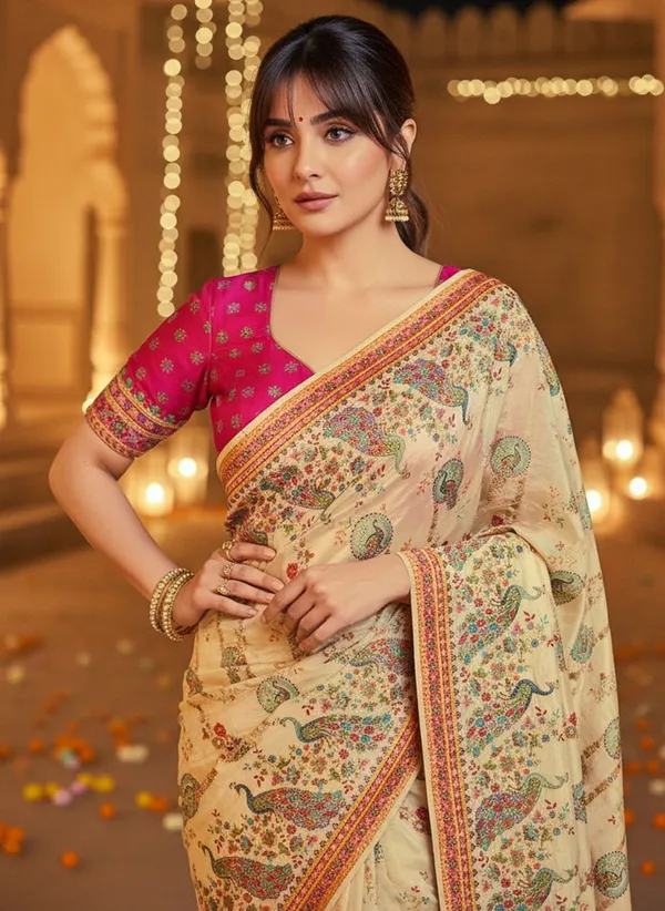 Off_White_Banarasi_Pure_Silk_Jacquard_Printed_Saree_For_Women_|_With_Blouse_Piece