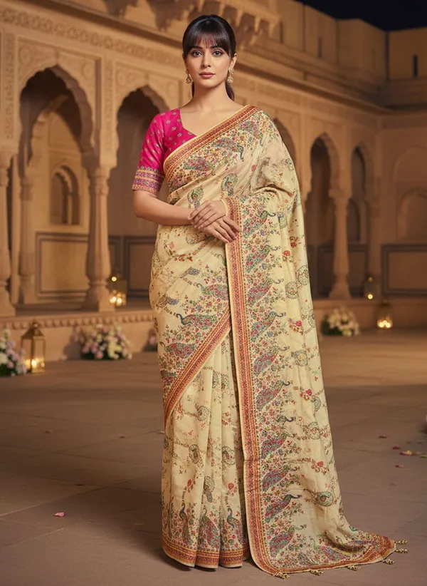 Off_White_Banarasi_Pure_Silk_Jacquard_Printed_Saree_For_Women_|_With_Blouse_Piece