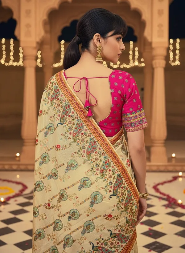 Off_White_Banarasi_Pure_Silk_Jacquard_Printed_Saree_For_Women_|_With_Blouse_Piece