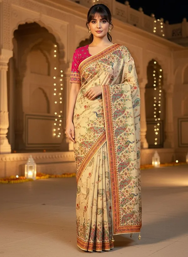 Off_White_Banarasi_Pure_Silk_Jacquard_Printed_Saree_For_Women_|_With_Blouse_Piece