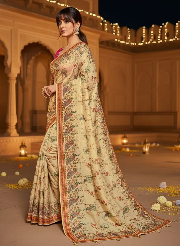 Off_White_Banarasi_Pure_Silk_Jacquard_Printed_Saree_For_Women_|_With_Blouse_Piece