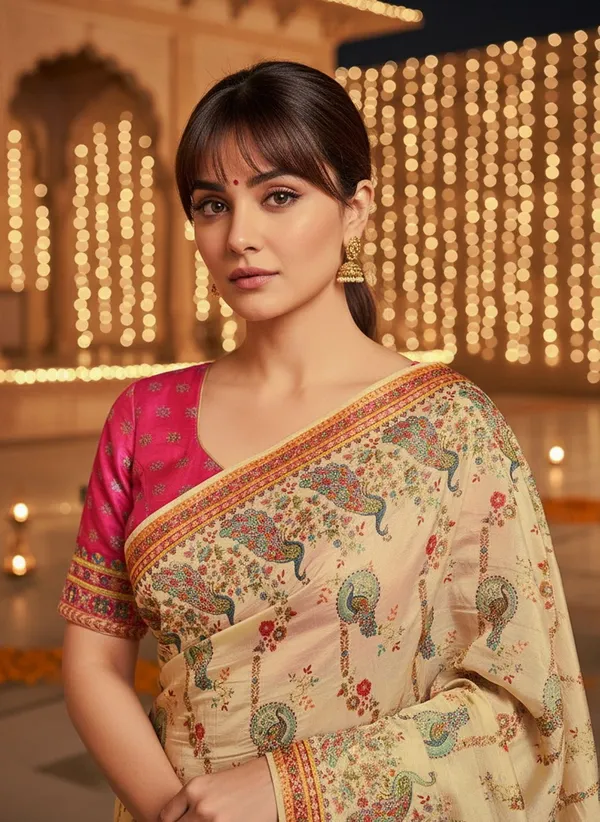Off_White_Banarasi_Pure_Silk_Jacquard_Printed_Saree_For_Women_|_With_Blouse_Piece