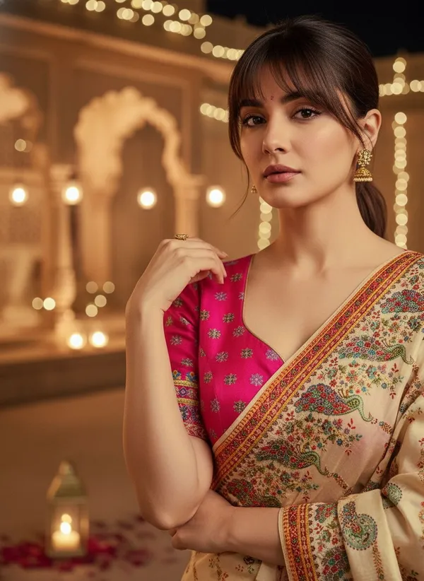 Off_White_Banarasi_Pure_Silk_Jacquard_Printed_Saree_For_Women_|_With_Blouse_Piece