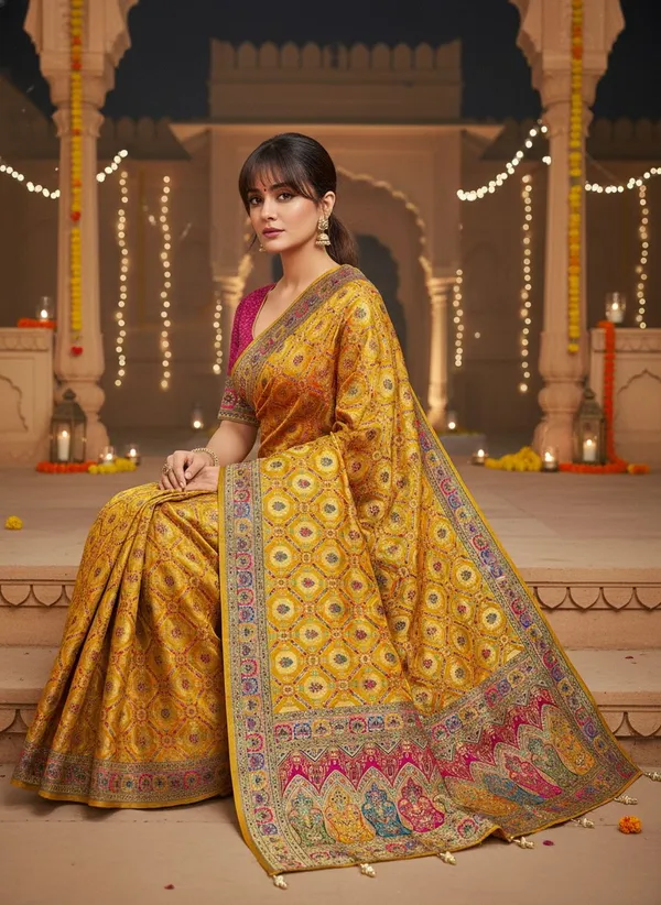 Yellow_Banarasi_Pure_Silk_Jacquard_Printed_Saree_For_Women_|_With_Blouse_Piece