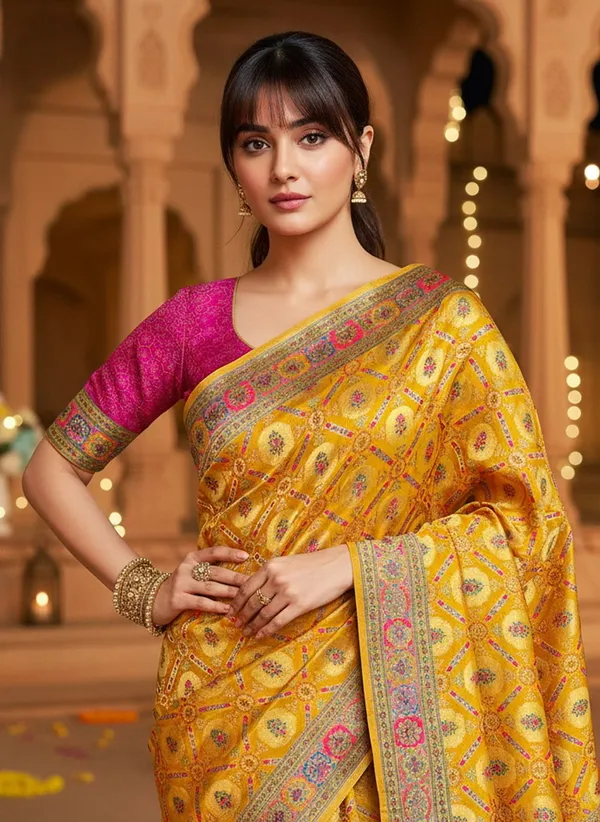 Yellow_Banarasi_Pure_Silk_Jacquard_Printed_Saree_For_Women_|_With_Blouse_Piece