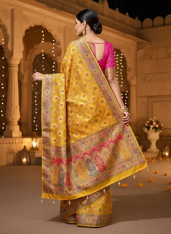 Yellow_Banarasi_Pure_Silk_Jacquard_Printed_Saree_For_Women_|_With_Blouse_Piece