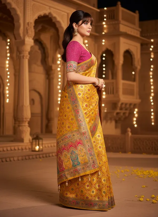 Yellow_Banarasi_Pure_Silk_Jacquard_Printed_Saree_For_Women_|_With_Blouse_Piece