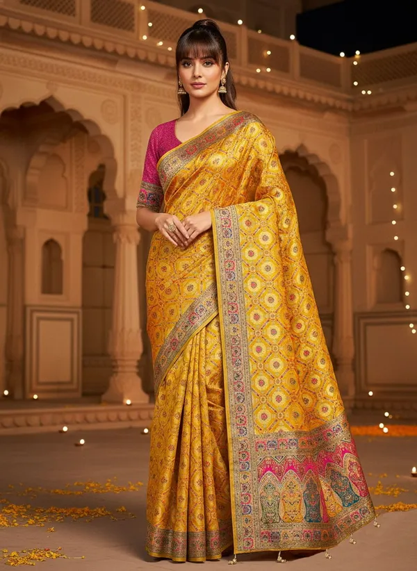 Yellow_Banarasi_Pure_Silk_Jacquard_Printed_Saree_For_Women_|_With_Blouse_Piece